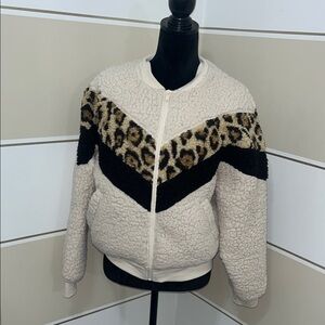 Express Cream Teddy Jacket with Leopard and Black Details